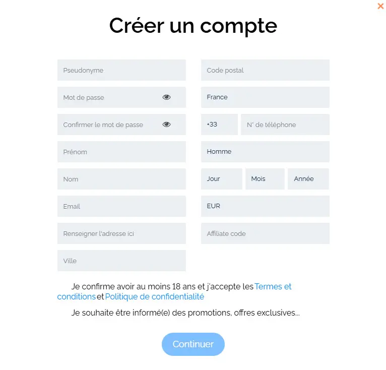 Processus d'inscription Majestic Slots Casino