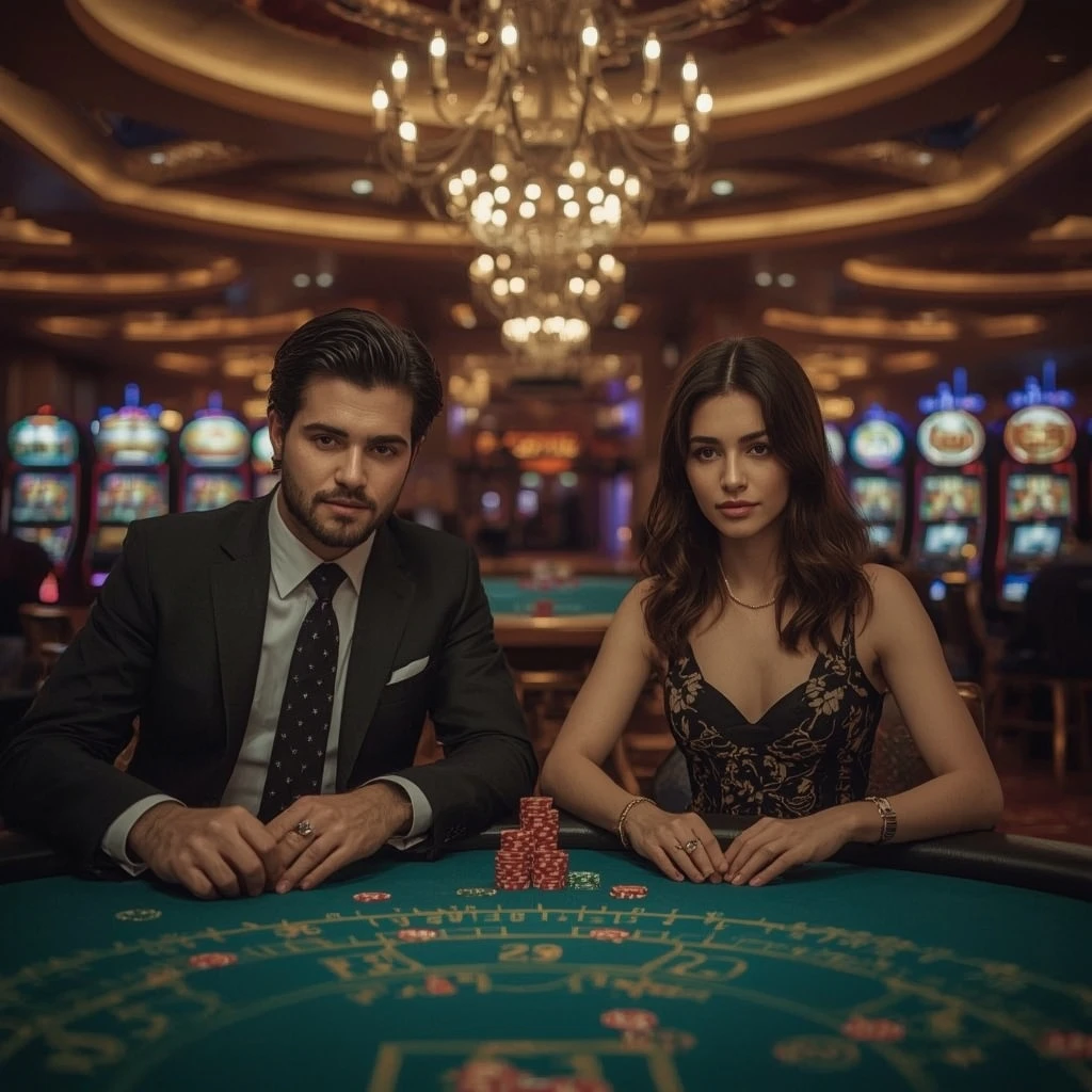 Deux joueurs de poker dans un Majestic Slots Casino